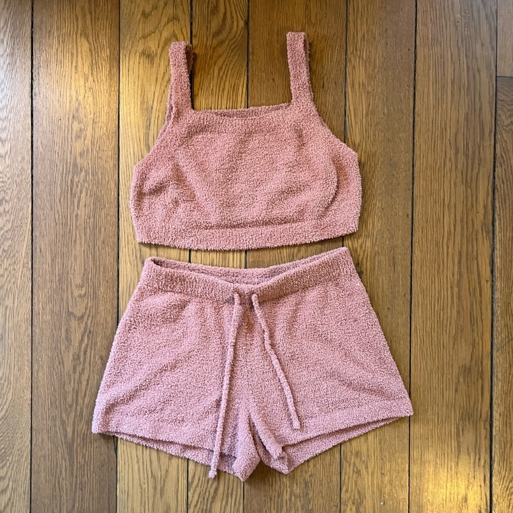 Uniqlo Pink Terry Crop Tank and Drawstring Shorts Set